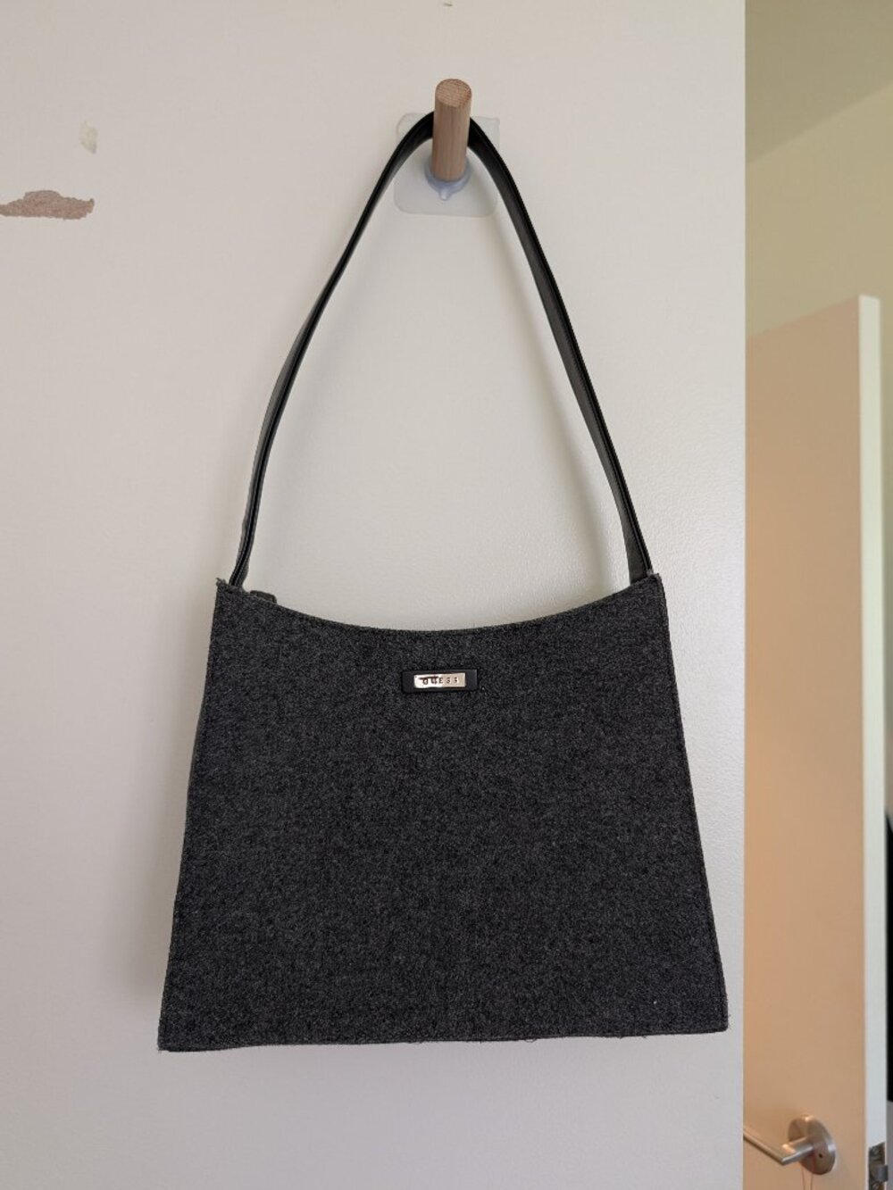 GUESS Charcoal Grey Bouclé Tote Bag Black Leather Strap Silver Logo Plate